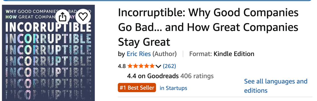 Incorruptible returns to #1 Best Seller in Startups on Amazon