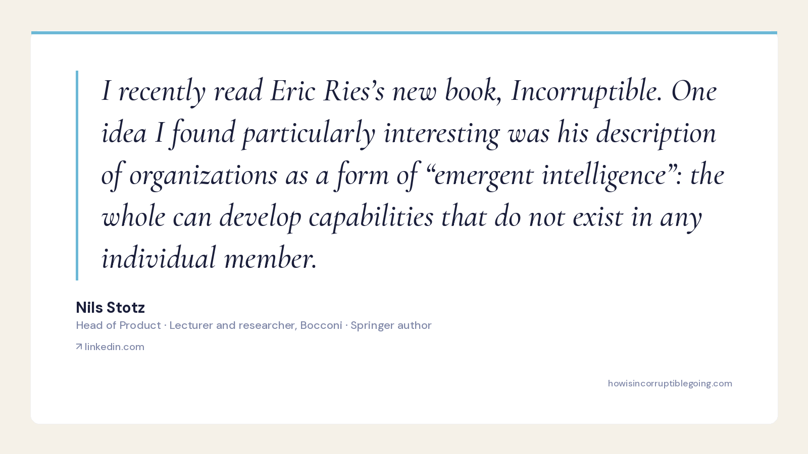 Nils Stotz (Bocconi lecturer) takes the book's emergent-intelligence idea to AI — 'We are adding intelligence to organizations faster than we are redesigning how that intelligence coordinates'