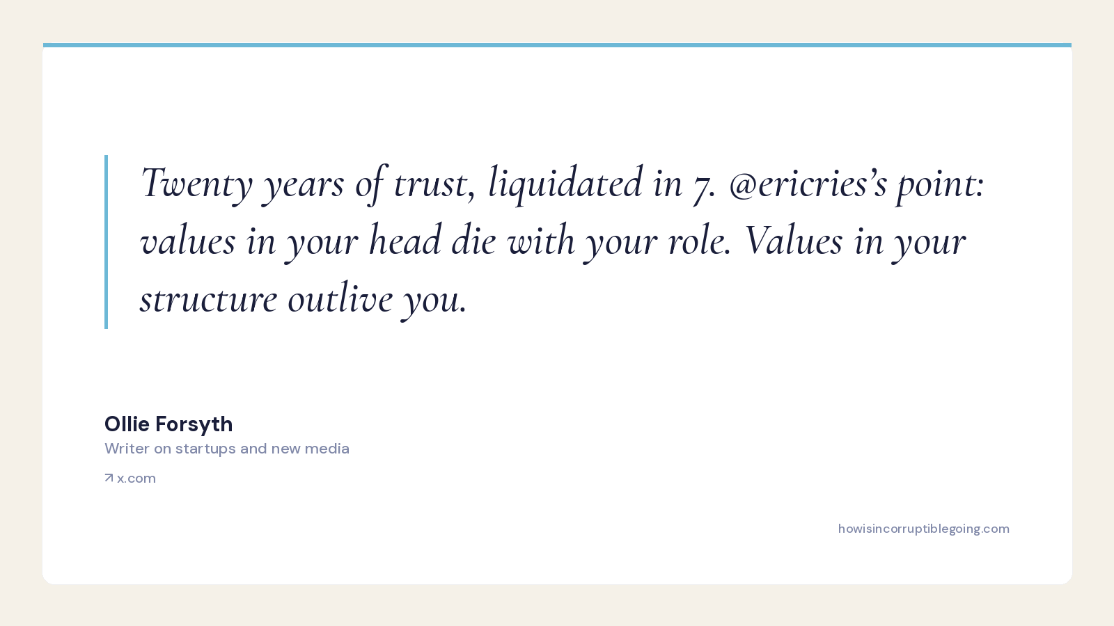 Ollie Forsyth on the book's structural case — 'values in your head die with your role. Values in your structure outlive you'