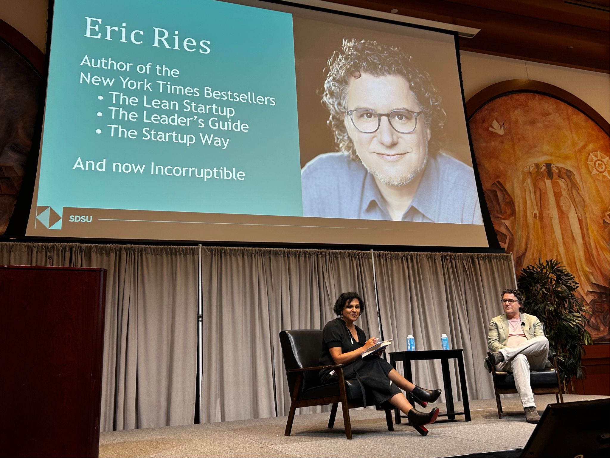Vidya Dinamani in conversation with Eric Ries on stage at SDSU's Fowler College of Business