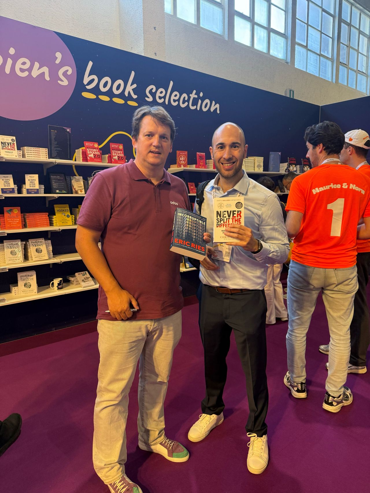 Fabien Pinckaers, founder & CEO of Odoo, recommended Incorruptible to a visitor at Odoo Experience 2026 in Brussels
